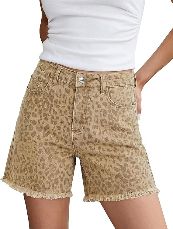 luvamia Jean Shorts for Women Trendy High Rise Mid Thigh Cheetah Leopard Print Raw Hem Stretch De... | Amazon (US)