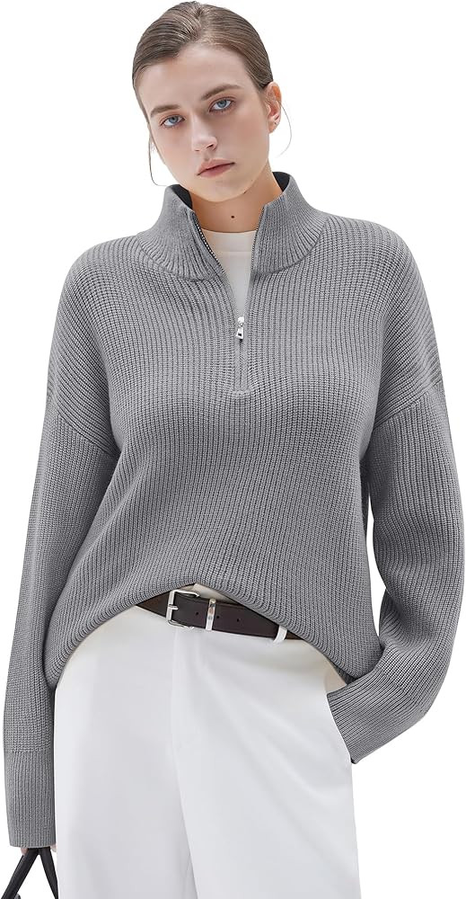 SUUKSESS Women Cashmere Oversized Quarter Zip Pullover Sweater Long Sleeve Collared Ribbed Knit J... | Amazon (US)