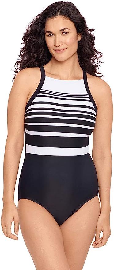 Reebok Women's Swimwear Insta Stripe High Neck Soft Cup One Piece Swimsuit | Amazon (US)