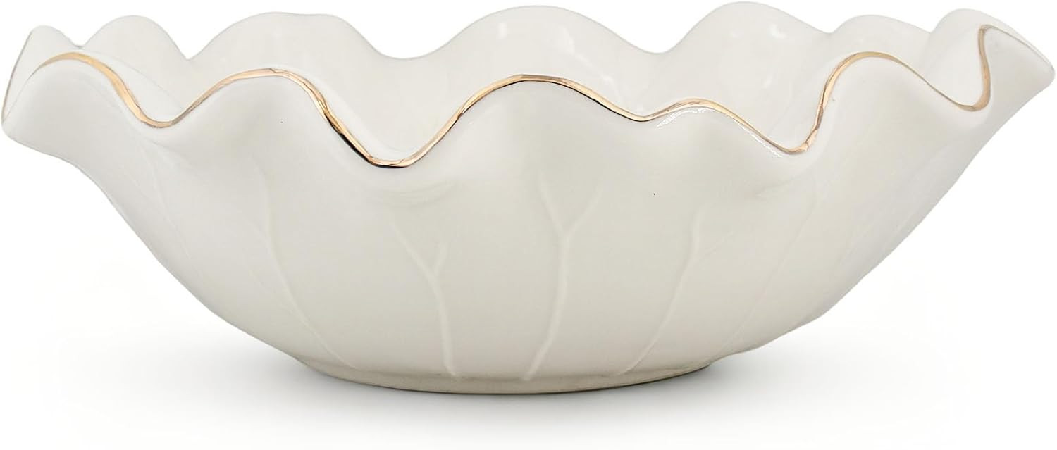 Amazon.com: 10 Inch White Ceramic Decorative Bowl, Large Shallow Bowl with Ruffle Lotus & Gold Tr... | Amazon (US)