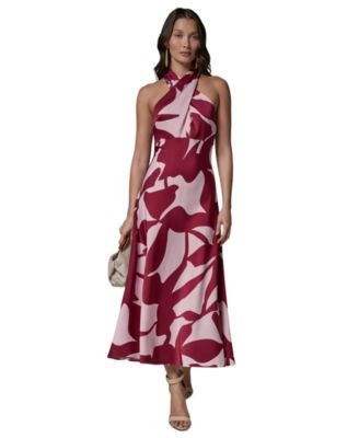 Donna Karan New York Petite Printed Halter Neck A-Line Midi Dress - Sangria/lilac | Macy's