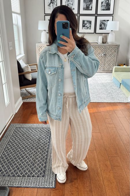 A comfy spring outfit idea - and the linen pants are on sale for under $30! Come in petite, too, but I bought regular and had them hemmed for a most custom fit. My oversized jean jacket is on sale at Target, too… only $32! I sized down in both pieces just one size bc they’re both pretty oversized size IMO.

FYI: I’m bringing back OOTD posts because I feel my best when I take the time to get ready in the morning, and this will hold me accountable! 😜 So expect lots of comfortable mom outfits (short girl friendly) coming your way!

#LTKFindsUnder50 #LTKSeasonal #LTKSaleAlert