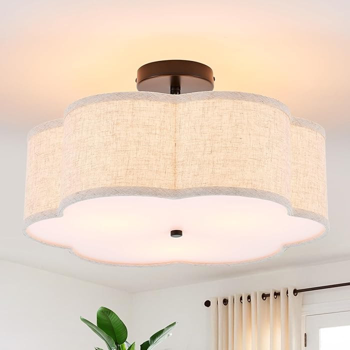 18" Semi Flush Mount Ceiling Light 3-Light Modern Linen Drum Ceiling Lighting with Chrome Finish,... | Amazon (US)