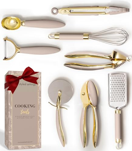 Gold and Beige Kitchen Utensils Set – 8 PC Cooking Gadgets with Mini Gold Whisk and Tongs, Pizza Cutter, Garlic Press, Cheese Grater, Peeler, Can Opener, Scoops – Stylish Beige Kitchen Accessories | Amazon (US)