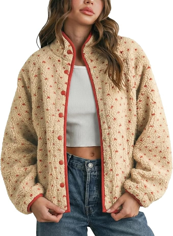 Slouchy Fleece Jacket Women Long Sleeve Button Down High Neck Polka Dot Puffer Jackets Sherpa Ove... | Amazon (US)