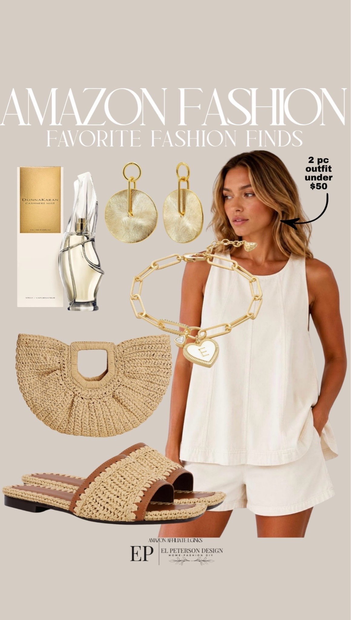 Amazon
Perfume
Earrings
Bracelet 
Purse
Sandals
2 pc outfit