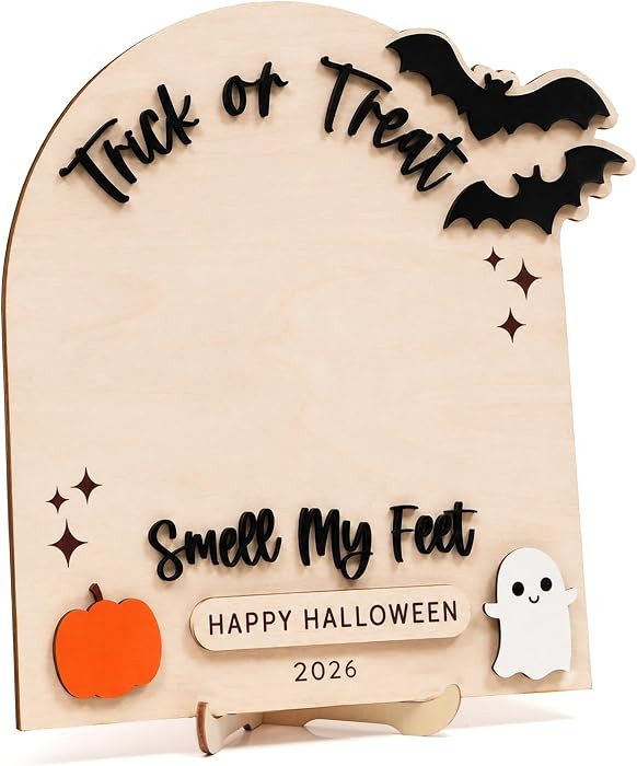 Trick or Treat Smell My Feet Wooden Halloween Sign with Stand 2026 - DIY Paint Kit with 3D Bats G... | Amazon (US)