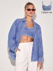 COSMINA Women's Elegant 2-Piece Set, Blue & White Striped Outfit, Long Sleeve Shirt And Camisole Top, 2026 New Arrival, Latest Fashion Combination, Versatile, Casual Wear, Spring Women's 2-Piece Set, Spring/Summer Outfit, All Season Set, Casual Matching, Loose Fit Shirt, Graceful Ladies 2-Piece Set
$23.54
$37.39
Blue and White / 6(M)
x1

 | SHEIN