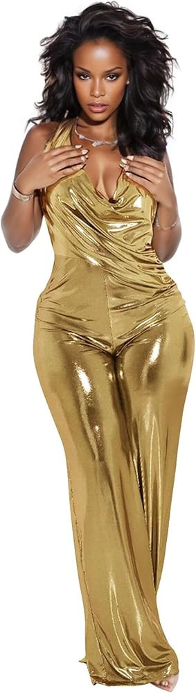 Geulis Sparkly Jumpsuits for Women Dressy Glitter Metallic Halter Backless Party Rompers Sexy Wid... | Amazon (US)
