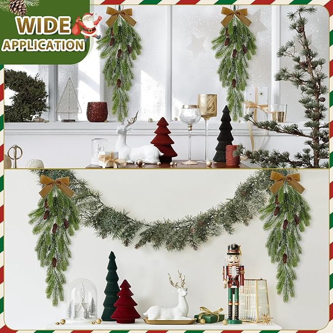 4 Pack Christmas Teardrop Swags Winter Rustic Pine Needles Swag with Pine Cones Velvet Bow Artifi... | Amazon (US)