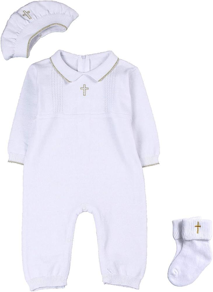 HAPIU Baby Boy Baptism Outfit with Hat and Socks,Christening Outfit-Cross Detail | Amazon (US)