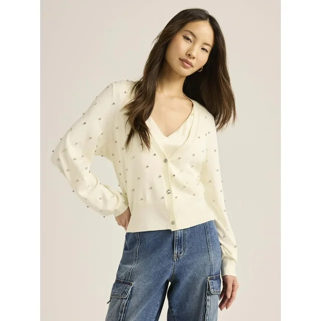 Scoop Women’s Rhinestone Cardigan Sweater, Lightweight, Sizes XS-4X | Walmart (US)