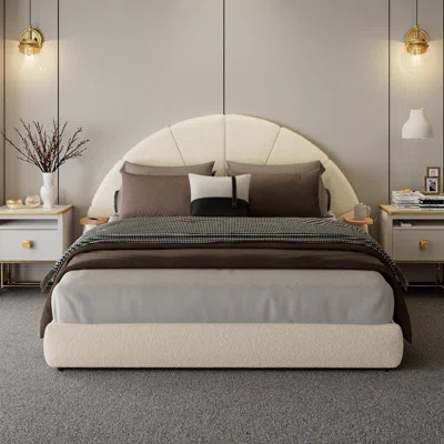 ??Arch Design Queen Size Bed Frame Bouclé Fabric Bed with Side Table? | Wayfair North America