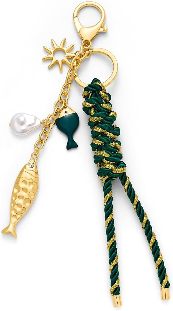 Fish Keychain Purse Charms for Handbags Green Rope Knot Bag Charm Ocean Style Sun Fish Gold Keych... | Amazon (US)
