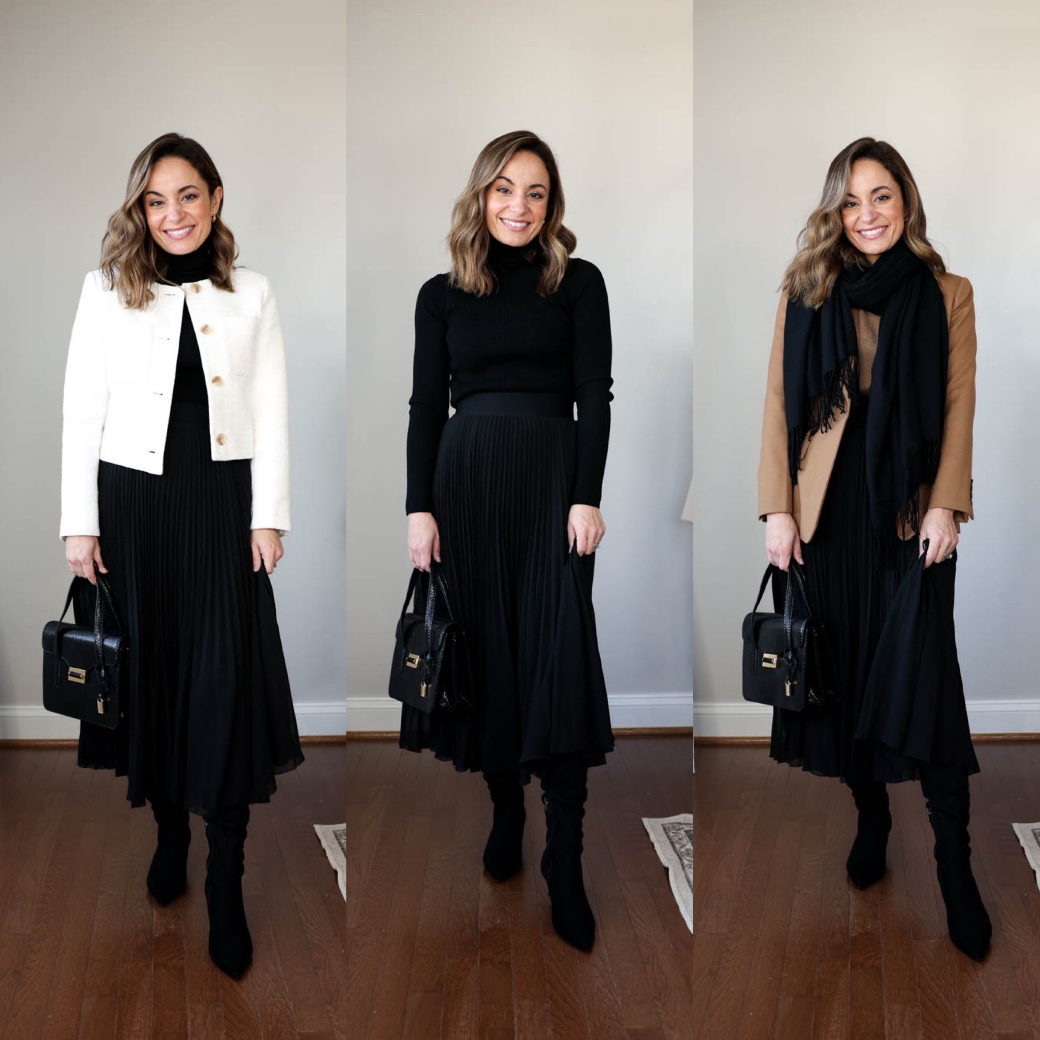 Winter workwear capsule series: black pleated skirt outfits

This capsule has 16 pieces (not including shoes and bags) and 30 outfits! 

Black turtleneck (aritzia): xs 
Long cardigan (amazon): xs apricot 
Camel blazer (j.crew): petite 00 
Black blazer (j.crew): petite 00 
Cropped jacket (banana republic factory): petite xxs 
Black skirt (aritzia): xs 
Also linking a similar skirt from Amazon - I wear that skirt in small, link shows a green skirt, it also comes in black

My measurements for reference: 4’10” 105lbs bust, waist, hips 32”, 24”, 35” size 5 shoe. 25” inseam measurement to my ankle bone.

#LTKStyleTip