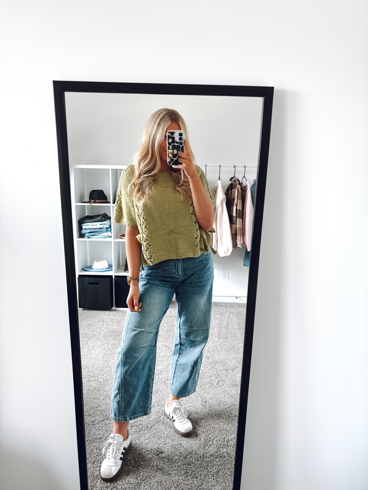 green knit top: wearing XS 
jeans: size down one to S
adidas: true to size 

| spring outfit | spring top | summer outfit | green top | spring fashion | amazon fashion 

#LTKFindsUnder100 #LTKSeasonal