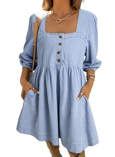 Sidefeel Women's Spring Outfit Denim Dress 3/4 Sleeve Loose Fit Square Neck Summer Jean Dresses Iceland Blue Small | Amazon (US)