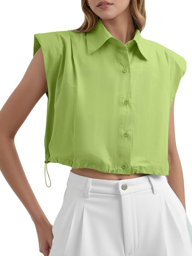 Tankaneo Womens Sleeveless Button Down Shirts Casual Loose V Neck Pad Shoulder Crop Tank Top | Amazon (US)