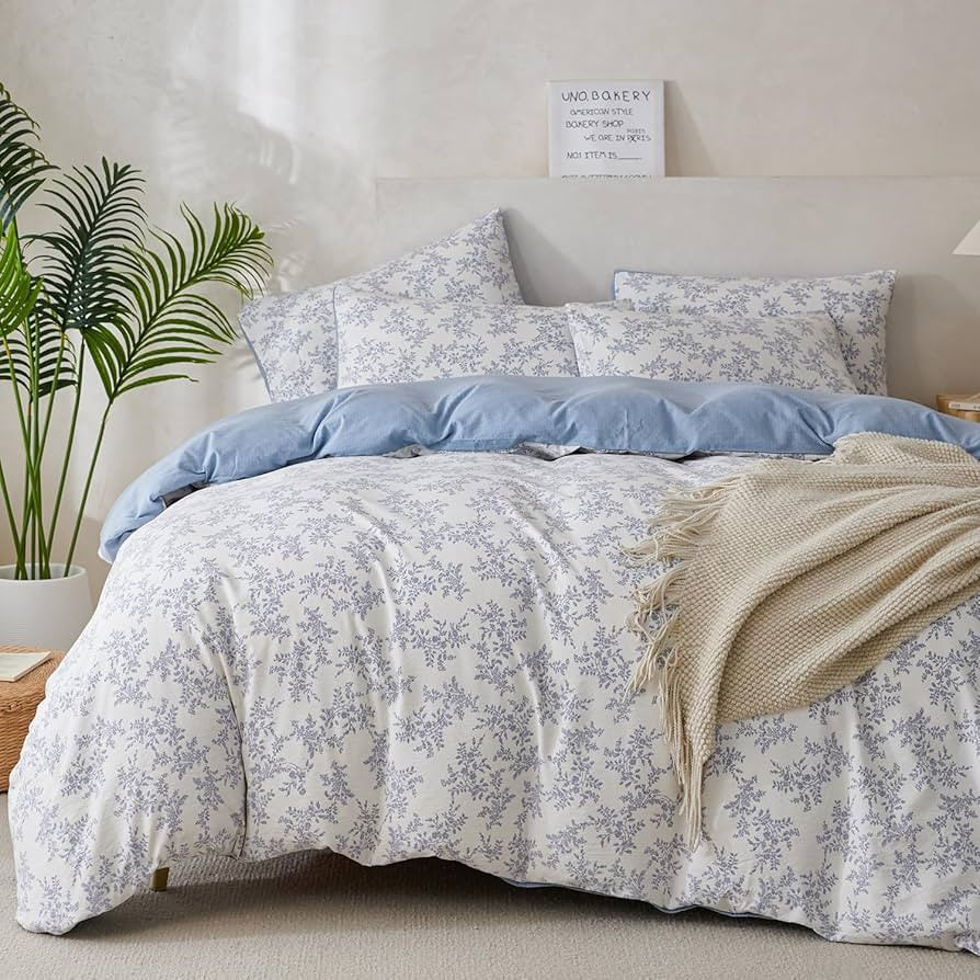 Queen Duvet Cover Floral Brushed Microfiber Crinkle Gauze 3 Pieces Bedding Set Garden Style Blue ... | Amazon (CA)
