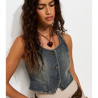 Women's Vintage Tint Blue Cotton Halter Neck Denim Waistcoat New Look | New Look (UK)