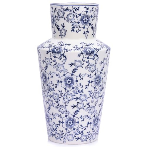 Chinoiserie Decor Blue and White Floral Vase - 11" Vintage Ceramic Pottery Vase for Centerpieces, Chinoiserie Vase for Rustic Farmhouse Decor, Blue Decor Flower Vase, Modern Farmhouse Vase | Amazon (US)