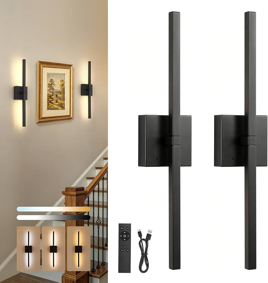 Battery Operated Wall Sconce Set of Two, 24" Black Square Rechargeable Wall Lights with Spare Bat... | Amazon (US)