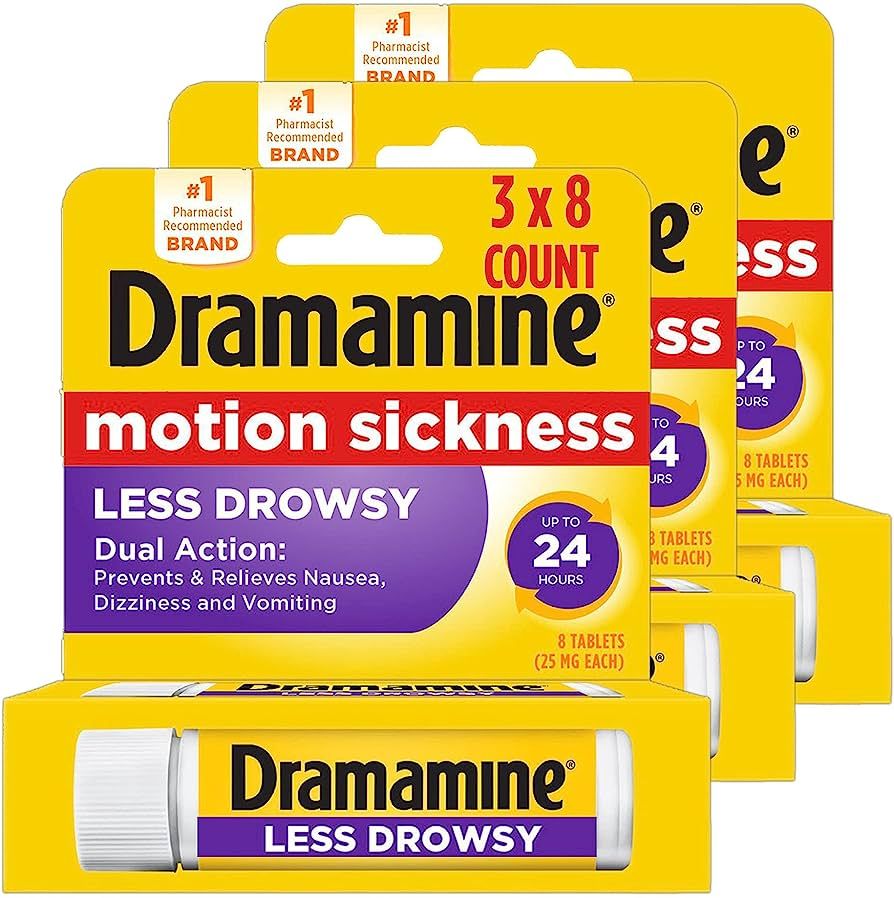 Dramamine All Day Less Drowsy Motion Sickness Relief | 8 tablets | pack of 3 |Packaging may vary | Amazon (US)