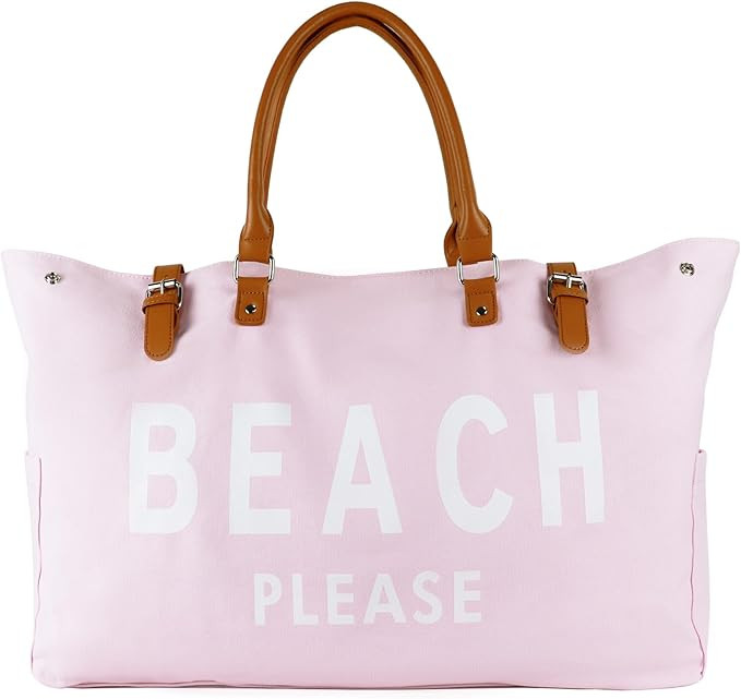 Beach Bag with Vegan Leather Handle, Extra Large Beach Bag for Women Waterproof Sandproof, White | Amazon (US)