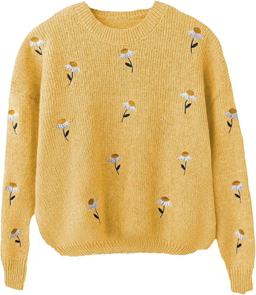 Women's Plus Size Floral Embroidered Knit Sweaters Long Sleeve Crew Neck Lightweight Sweater Jump... | Amazon (US)