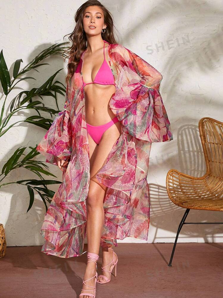 SHEIN Haute Tropical Organza Ruffle Hem Kimono | SHEIN