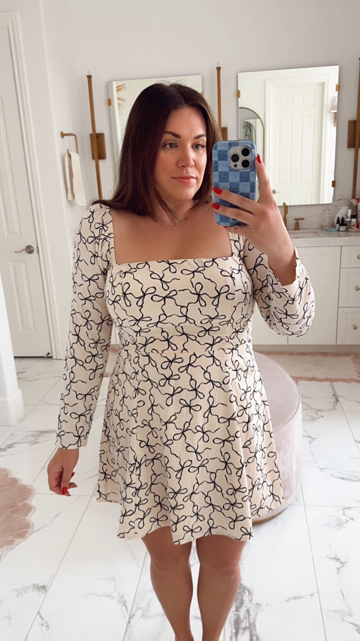 curvy long sleeve bow print mini dress for fall! wearing size large. 20% off with code AFLTK 

#LTKFallSale #LTKFindsUnder100 #LTKMidsize