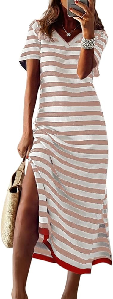 Dokotoo Womens 2026 Short Sleeve Maxi Dress Striped Split T Shirt Dress | Amazon (US)
