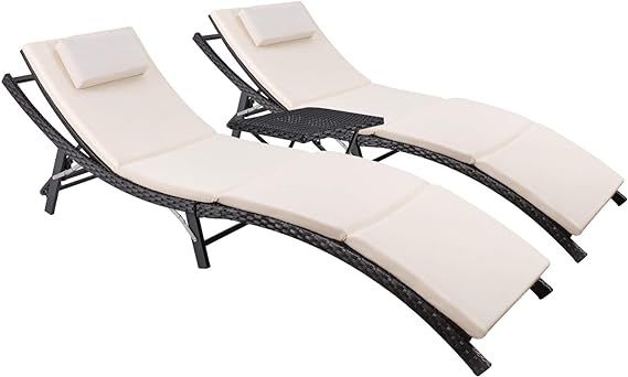 Devoko Patio Chaise Lounge Sets Outdoor Rattan Adjustable Back 3 Pieces Cushioned Patio Folding C... | Amazon (US)