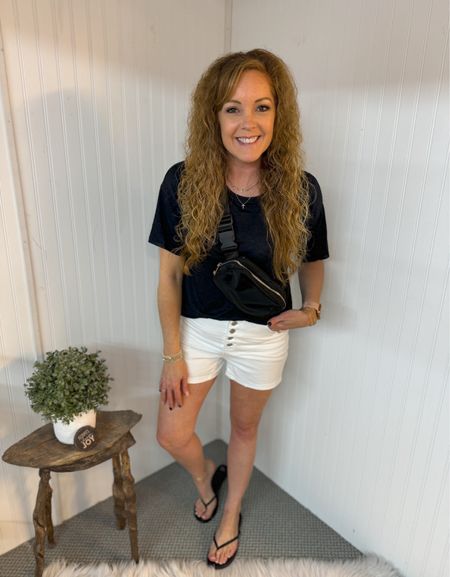 Walmart outfit / Sofia Vergara tee / time and true white shorts / spring outfit / summer outfit / date night outfit / travel outfit / vacation outfit / button fly shorts

White shorts-  recommend sizing up in these. The run a little snug
Tee- sized up to a medium for extra length 
Black barely there sandals - TTS, size 8

#LTKover40 #LTKstyletip #LTKfindsunder50