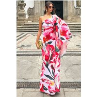 Sarita | Pink Floral Print One-Shoulder Cape Sleeve Maxi Dress | Club L London