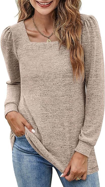 BZB Womens Tunic Tops for Leggings Square Neck Puff Sleeve Shirts Casual Fall Sweatshirts S-2XL | Amazon (US)