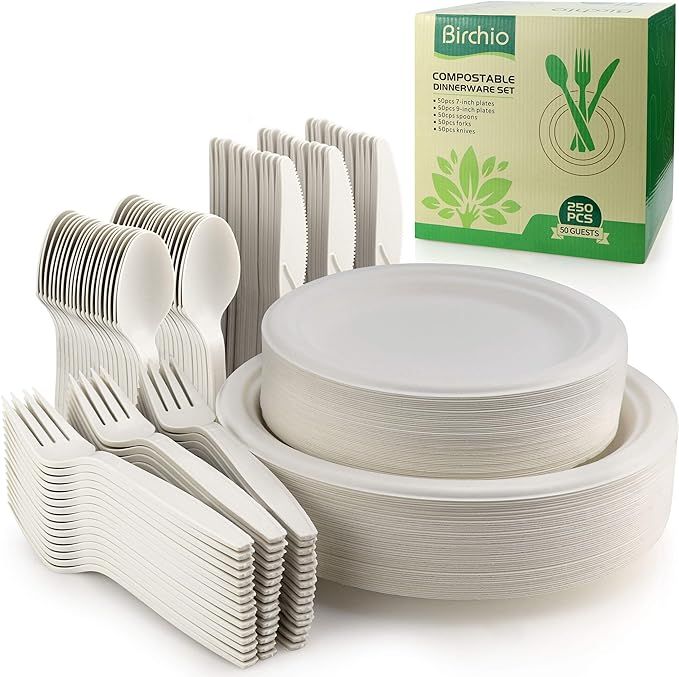 250 Piece Biodegradable Paper Plates Set (EXTRA LONG UTENSILS), Disposable Dinnerware Set, Eco Fr... | Amazon (US)
