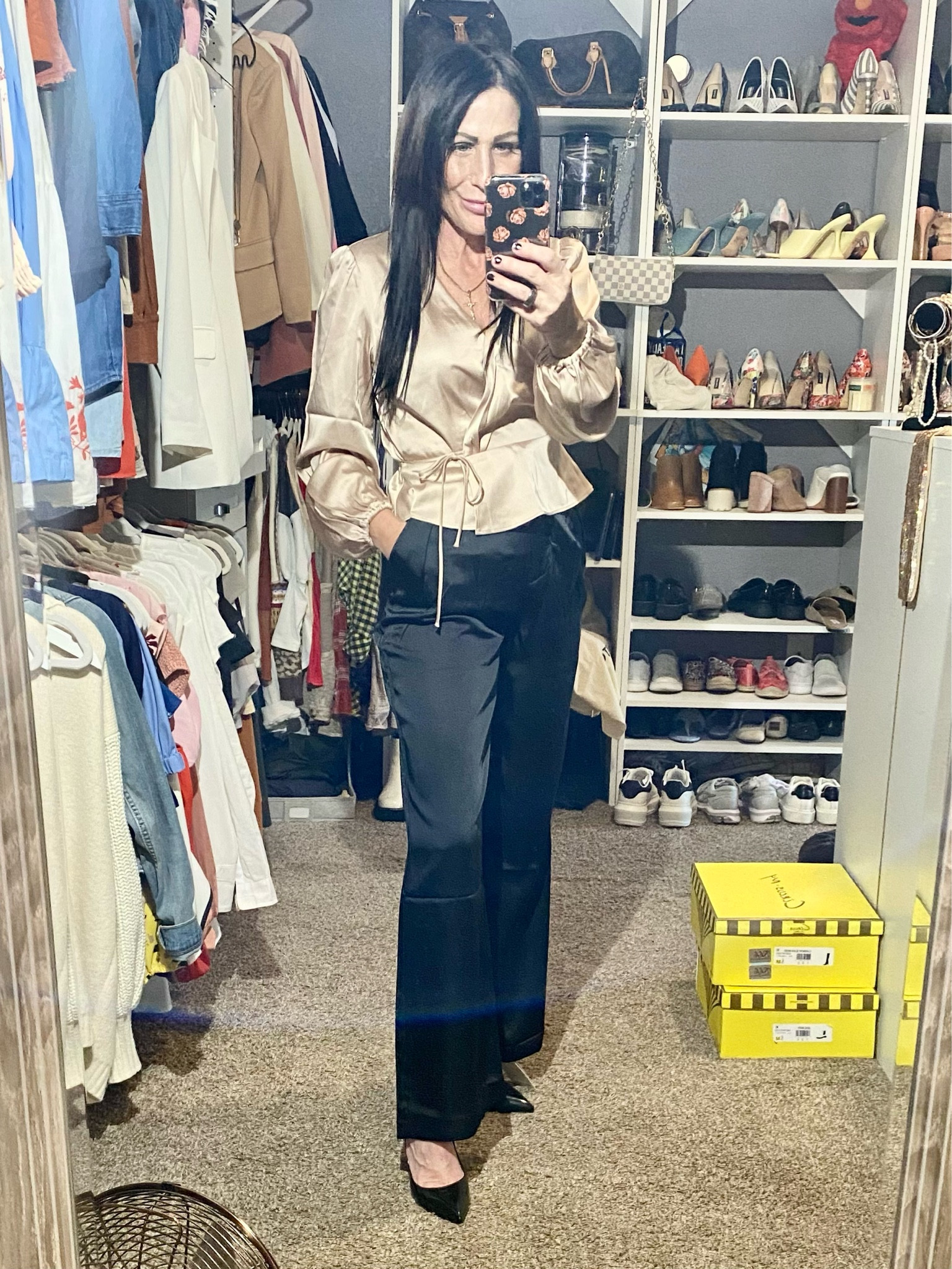 Night out, date night, satin pants, holiday outfit, red sole shoes, Christian Louboutin 

#LTKHoliday #LTKstyletip #LTKshoecrush