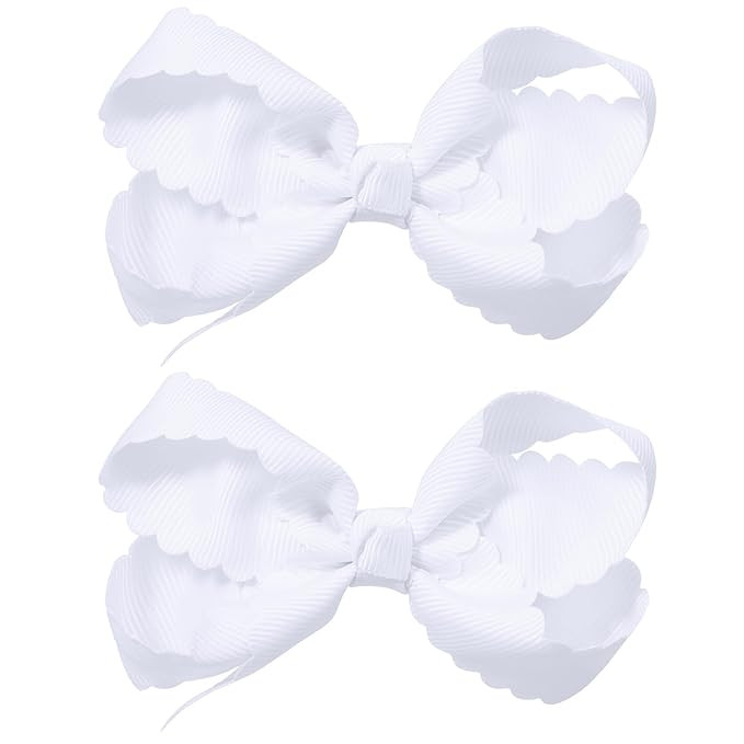 White Grosgrain Ribbon Hair Bows with Scalloped Edge For Girls,2pcs 3" Small Dressy Bow Alligator... | Amazon (US)