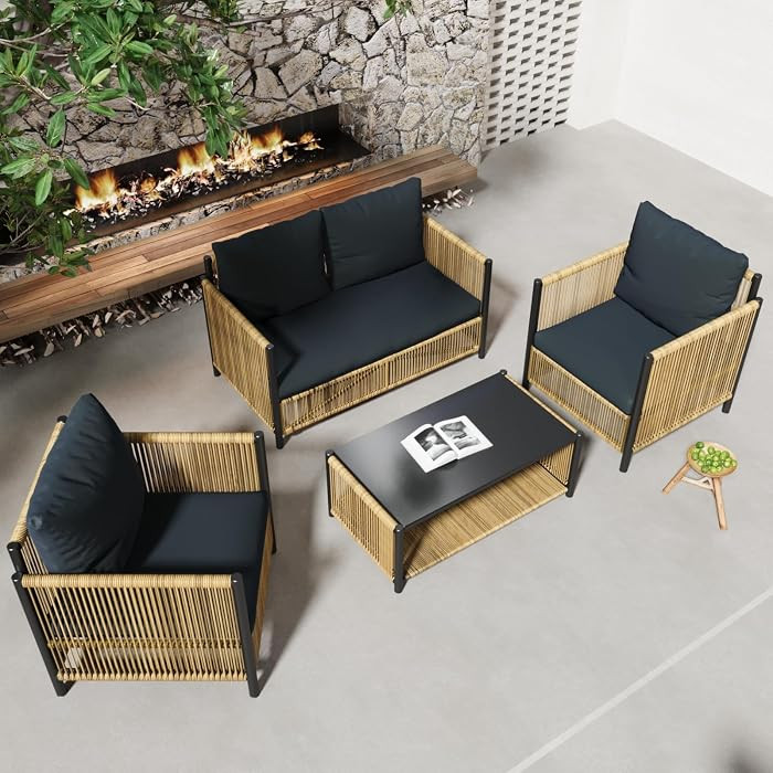 4 Pieces Aluminum Outdoor Patio Furniture Set - 2 Pcs Armchair, Loveseat & Dual-Layer Coffee Tabl... | Amazon (US)
