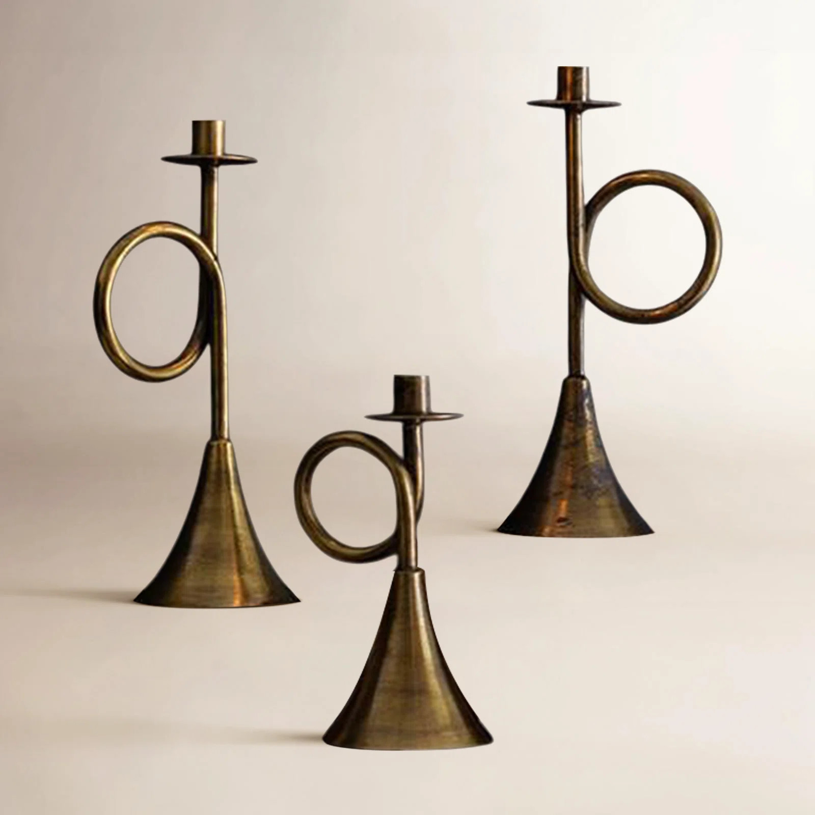 Set of Three Antique Brass Trumpet Taper Candle Holders | Wayfair North America