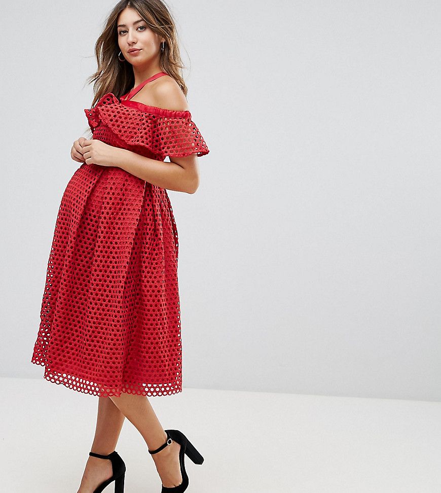 ASOS Maternity Lace Cold Shoulder Midi Dress - Red | ASOS US