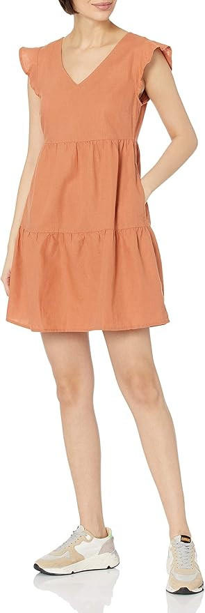 Goodthreads Women's Relaxed-Fit Washed Linen Blend Flutter-Sleeve Peasant Dress | Amazon (US)