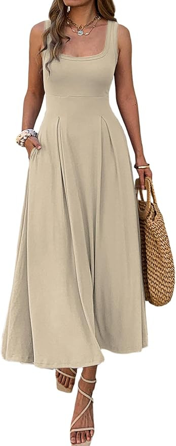 Mieazom Women's Summer Sleeveless Empire Maxi Dress Square Neck A-Line Pleated Flowy Elegant Casu... | Amazon (US)