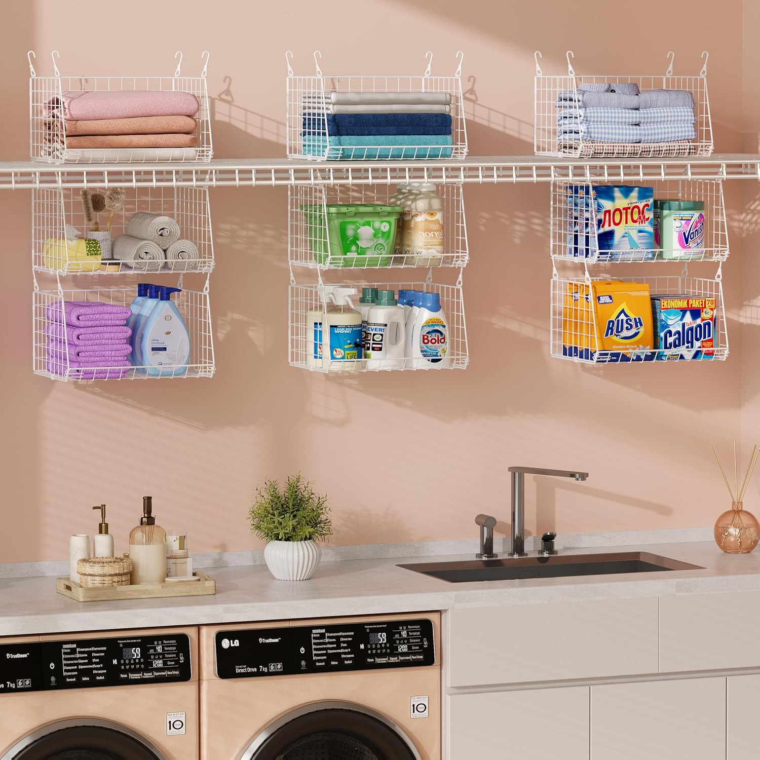 3-Tier Hanging Laundry Basket Organizer：Foldable Wire Shelf Laundry Room Organizer with 360°Rotating Hooks Small Space Solutions Closet Hanging Organizer - Laundry Organization, White Patent | Amazon (US)