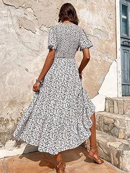 Floerns Women's Boho Ditsy Floral Short Sleeve A Line Flared Midi Dress | Amazon (US)