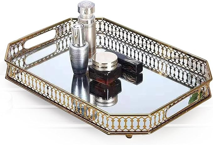 Vintage Gold Mirrored Vanity Tray – Decorative Perfume and Makeup Organizer with Handles for Dr... | Amazon (US)
