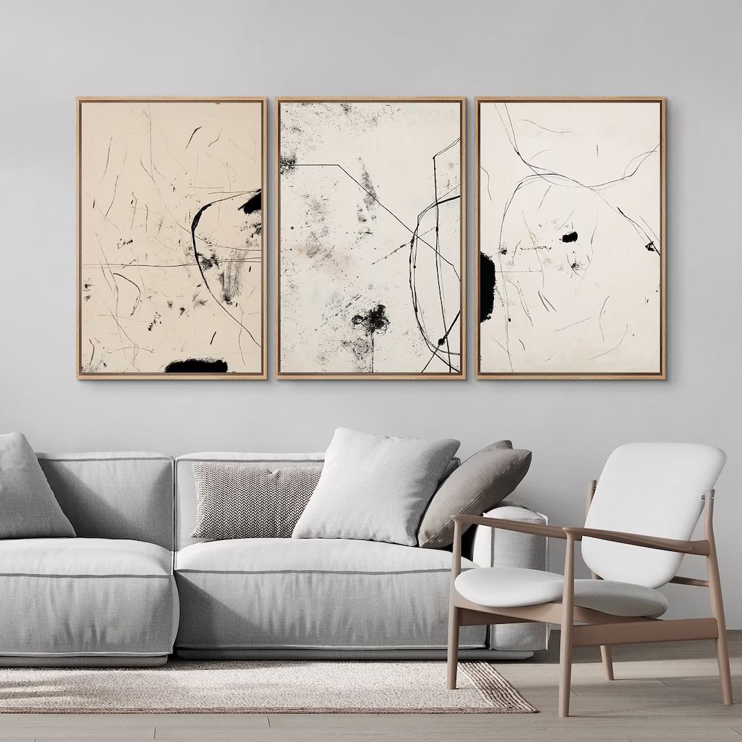 Framed Canvas Wall Art Set, Mid Century Modern Wall Art, Minimalist Art, Neutral Decor, Black Tan... | Etsy (US)