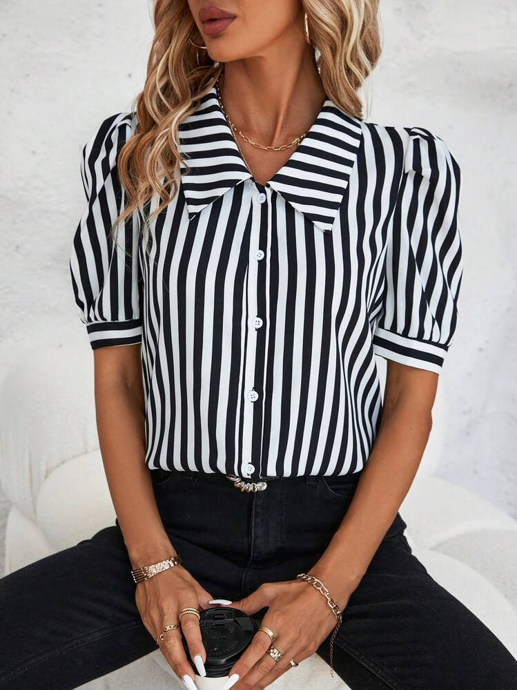 SHEIN Clasi Striped Print Puff Sleeve Shirt | SHEIN
