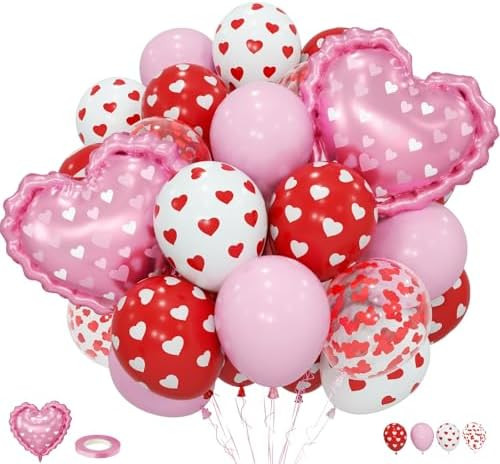 Valentines Day Balloons, Pink Red White Confetti Heart Print Balloons with Heart Foil Balloon for... | Amazon (US)